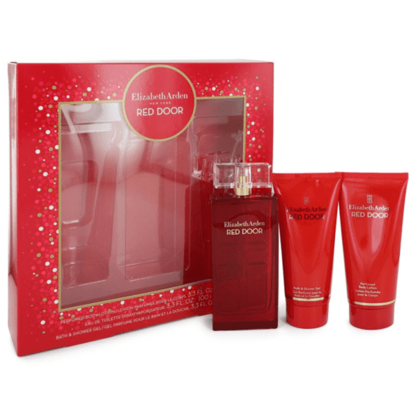 Red Door by Elizabeth Arden 3pc Set 100ml Experience the romantic sophistication of Red Door by Elizabeth Arden, Elizabeth Arden's iconic signature fragrance. Glamorous and elegant, Elizabeth Arden Red Door is a mélange of rich, rare florals, including freesia, red roses, and orchids. Honey and sandalwood set a sensual mood for a glamorous finish. The Fragrance Sophisticated Bouquet Forms a Signature Scent Red Door instantly gets noticed with an opulent essence of lily of the valley, opening into a vibrant trail of freesia and wild violets. Fragrance Family: Floral Top Notes: Lily of the Valley, Freesia, Wild Violets. Heart Notes: Red Rose, Moroccan Orange Flower, Jasmine, Ylang Ylang. Base Notes: Oak Moss, Sandalwood, Honey. Also Check - Provocative by Elizabeth Arden EDP 50ml